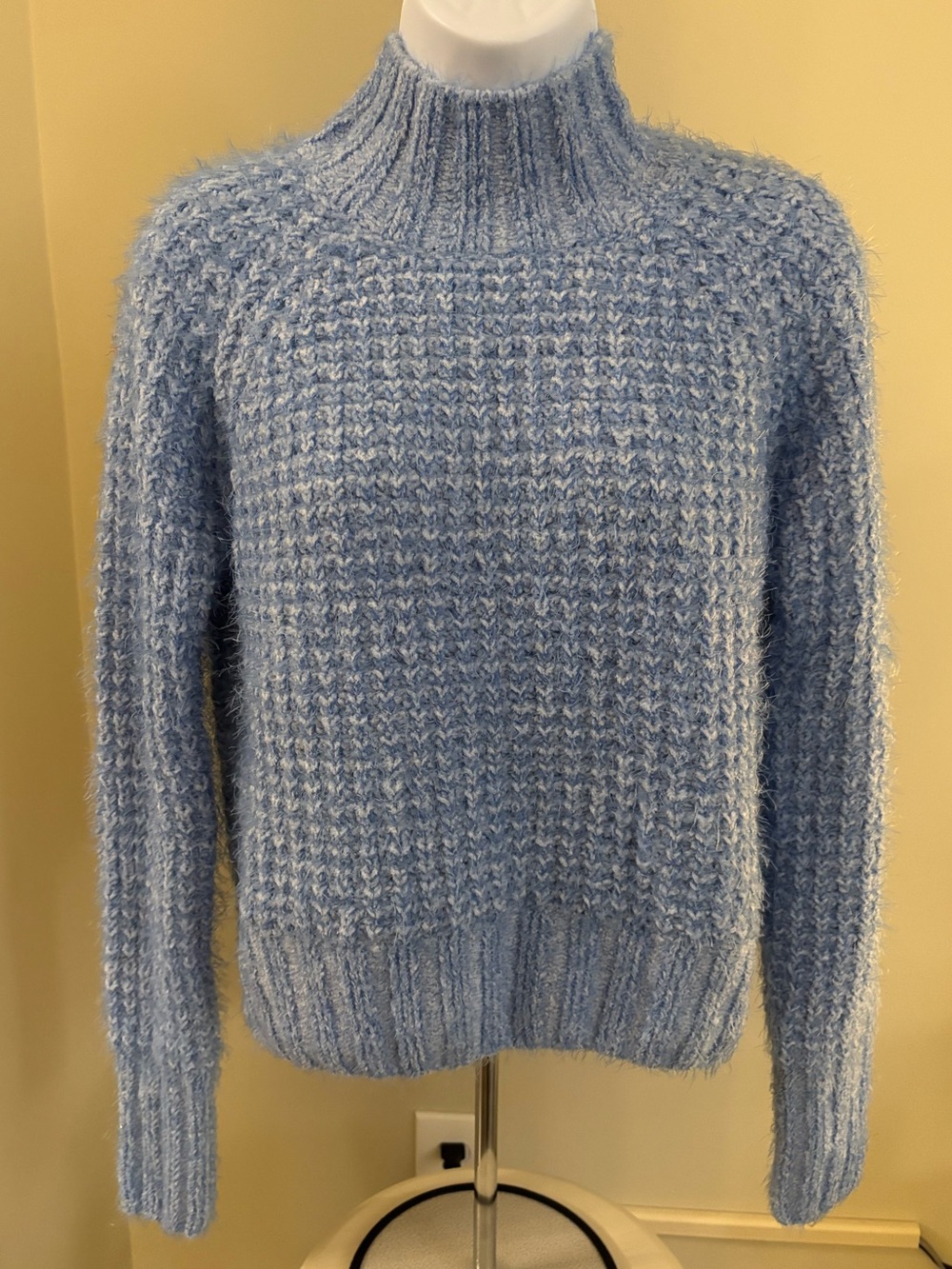 Light Blue Fuzzy Ribbed Turtleneck Sweater